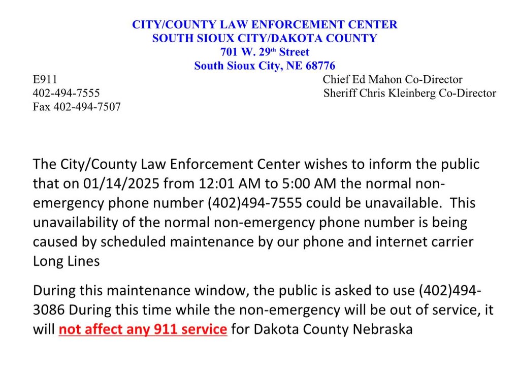 Non-Emergency phone number outage for South Sioux City/Dakot...