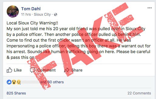 Fake post spreading around about cop impersonator in Sioux City is not real