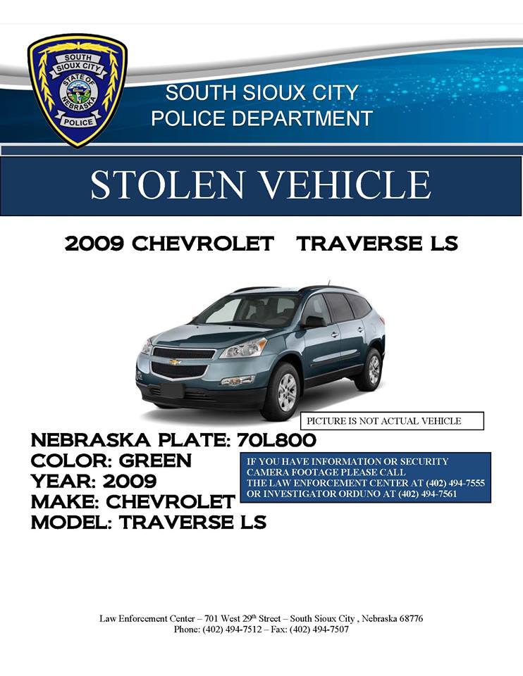 RECOVERED Green 2009 Chevrolet Traverse from East 14th and F St South Sioux City