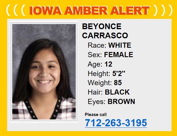 Cancelled  Iowa Amber Alert Missing 12-year-old female from Denison Iowa