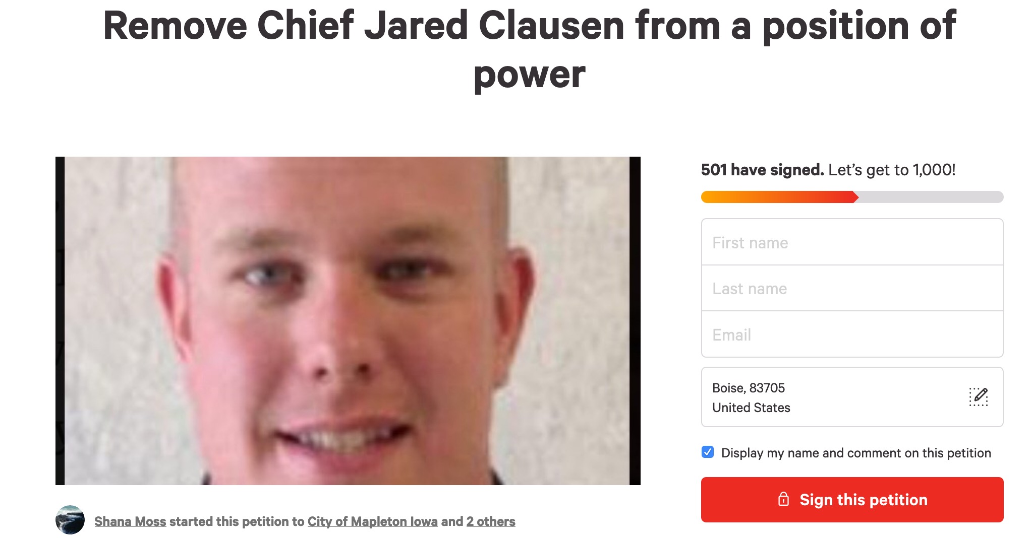 Online petition circulating to remove Mapleton Iowa Police Chief