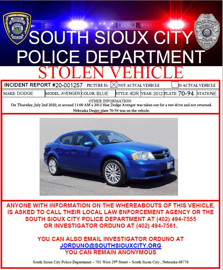 STOLEN 2012 Blue Dodge Avenger Out of South Sioux City